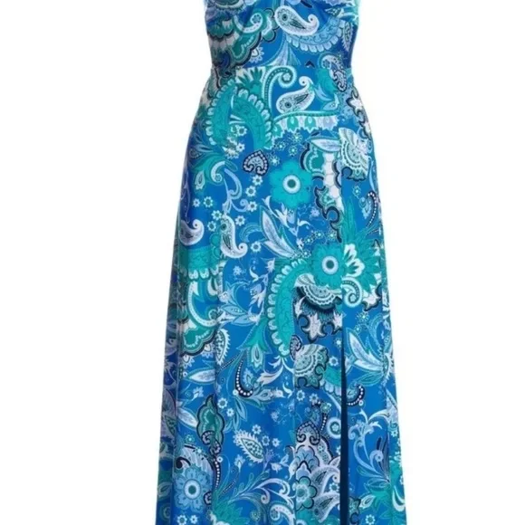 Boston Proper Stamped Floral Blues Print Necklace Detail  Maxi Dress, Size 10 - Picture 3 of 11